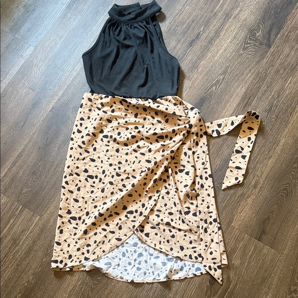 SHEIN Black Halter Dress with Beige Leopard-Print Wrap Skirt